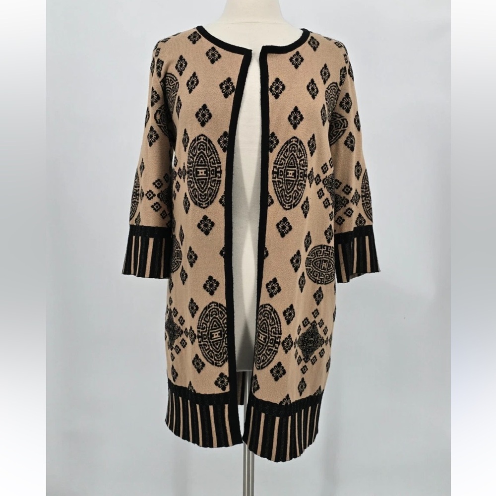 Chicos Travelers Collection Cotto blend Black and Tan Patterned Cardigan Size 2